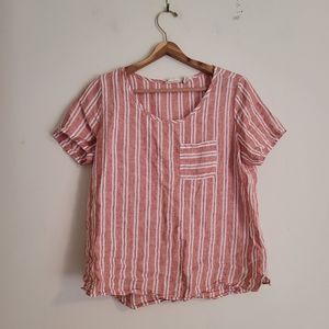 Christian Siriano Striped Red White 100% Linen Short Sleeve Blouse
